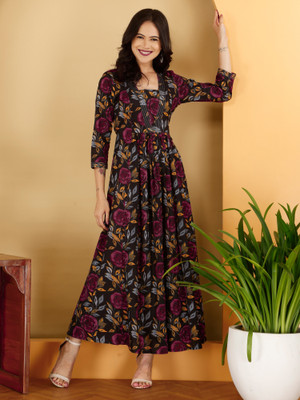 mahira Women Printed Anarkali Kurta(Black)