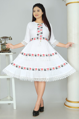 Ayangarments Women Ethnic Dress White Below Knee Dress