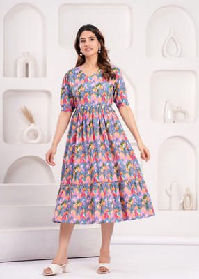 PIHUTIQUE ARTS Women Floral Print Anarkali Kurta(Blue)