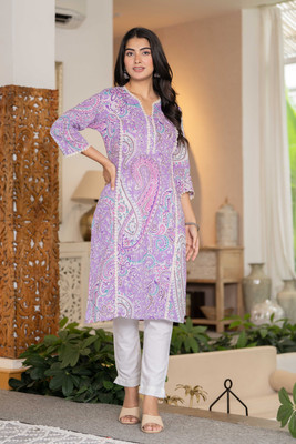 UrbanRang Women Floral Print A-line Kurta(Purple)
