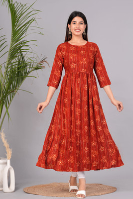 Kirnya Women Printed Straight Kurta(Maroon)