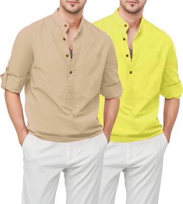 Paasbaan Men Solid Straight Kurta(Yellow, Beige)