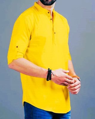 KRISHASALES Men Solid Straight Kurta(Yellow)