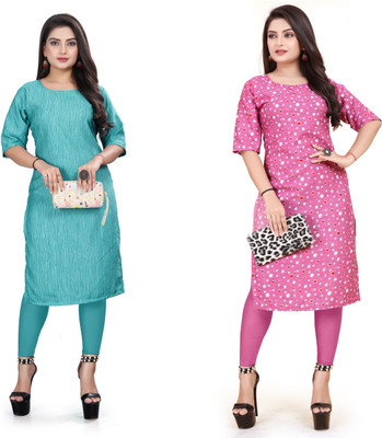 KURTIFABRIC Women Printed, Solid A-line Kurta(Green, Pink)