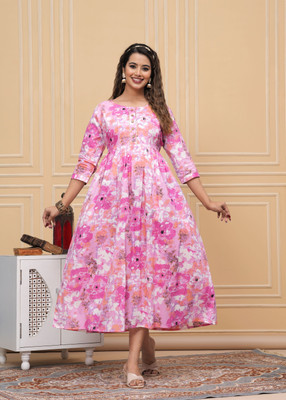 UrbanRang Women Printed Anarkali Kurta(Pink, White)