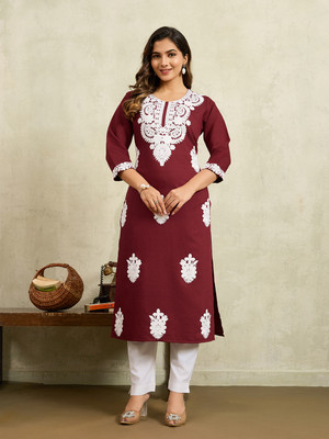 Lusiva Women Embroidered Straight Kurta(Maroon)