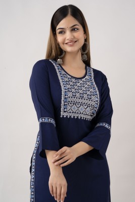 Kapadia Women Embroidered Straight Kurta(Dark Blue)