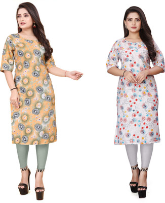 JAYA DESIGNER Women Printed A-line Kurta(Yellow, White)
