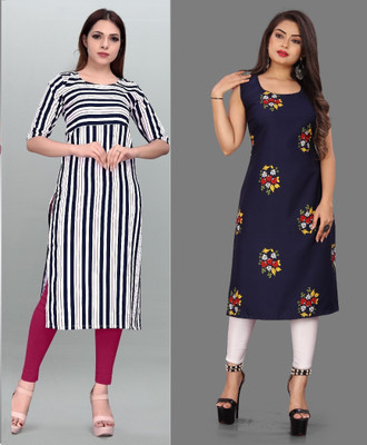 tanvi creation Women Printed Straight Kurta(Purple, Dark Blue)