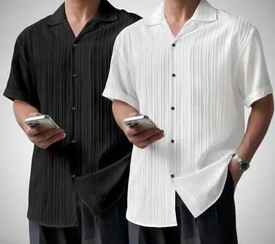 VRLOOKS Men Self Design Casual White, Black Shirt(Pack of 2)