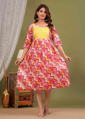 UrbanRang Women Floral Print Anarkali Kurta(Yellow, Pink)