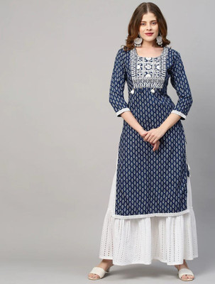 BDREE Women Embroidered Straight Kurta(Dark Blue, White)