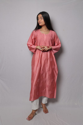 Shah Chikan Women Embroidered Straight Kurta(Pink)