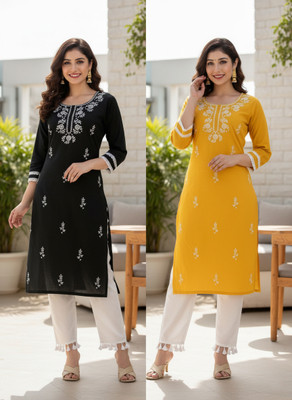 VIKSHI Women Chikan Embroidery Kurta(Yellow, Black)
