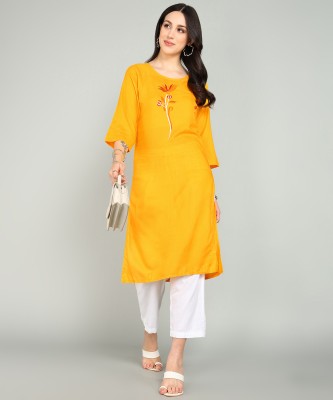 Anvi creation Women Embroidered Straight Kurta(Yellow)