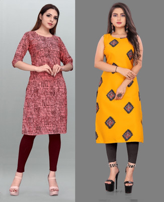 tanvi creation Women Printed Straight Kurta(Red, Yellow)