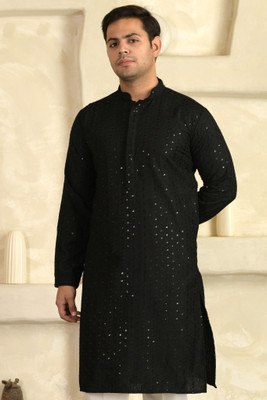 LEMONX Men Embroidered Straight Kurta(Black)