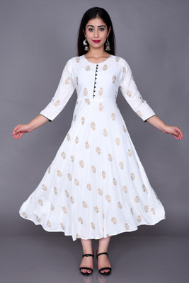 TWIEE Women Printed Anarkali Kurta(White, Beige)