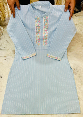 SS Fashion Women Geometric Print, Self Design A-line Kurta(Blue)