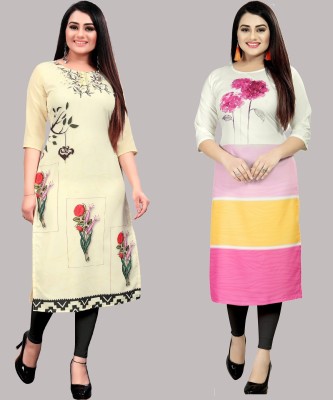 tanvi creation Women Floral Print Straight Kurta(White, Beige)