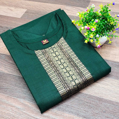 fentik.com Women Applique, Solid, Paisley, Woven Design Straight Kurta(Green)