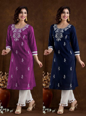 Women Chikan Embroidery Kurta(Multicolor)