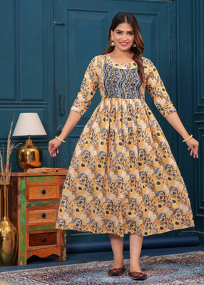 phoolkesa Women Printed Anarkali Kurta(Gold, Black)