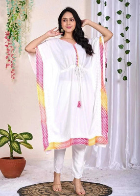 NEEYAMI Women Leheriya Kaftan Kurta(White)