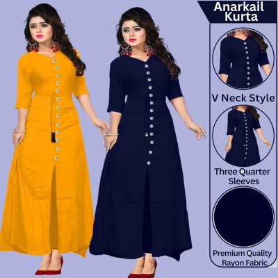 RK Costing Women Solid Anarkali Kurta(Yellow, Dark Blue)