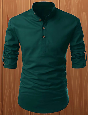 krishu Men Solid Straight Kurta(Green)