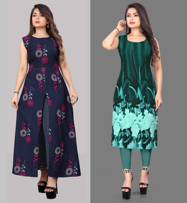 Hiral Creation Women Printed, Floral Print A-line Kurta(Green, Blue)