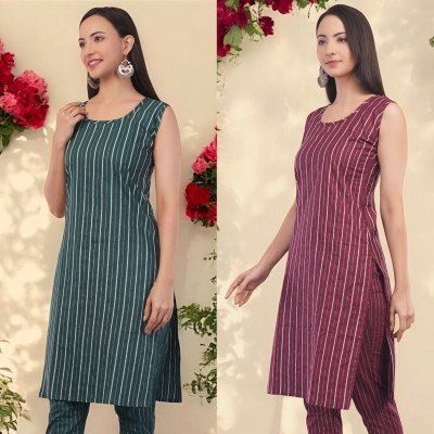 Women Striped Kurta(Dark Green, Maroon)