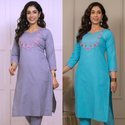 AuzaSho Collection Women Embroidered Straight Kurta(Blue, Purple)