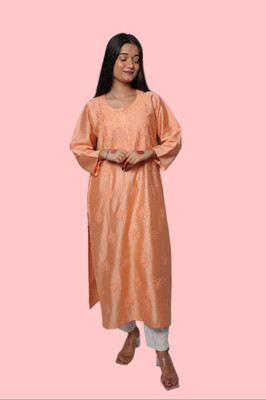Shah Chikan Women Embroidered Straight Kurta(Orange)