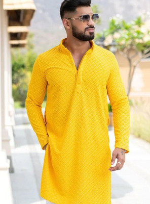 HouseOfCommon Men Printed, Chikan Embroidery Straight Kurta(Yellow)