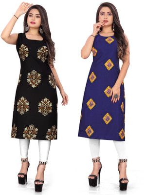 Hiral Creation Women Printed Straight Kurta(Black, Blue)