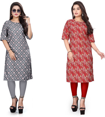HARISH TEXTILE Women Printed A-line Kurta(Grey, Red)