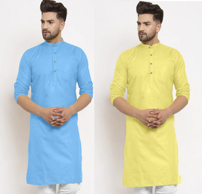 SEFRONI CLOTHING Men Solid Straight Kurta(Light Blue, Yellow)
