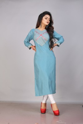 TRAKPILF Women Embroidered Straight Kurta(Light Blue)