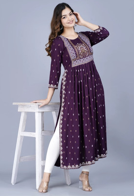 mahadevara creation Women Printed A-line Kurta(Purple, White)