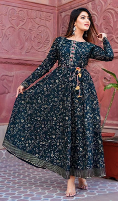 Monika Women Printed Anarkali Kurta(Blue)