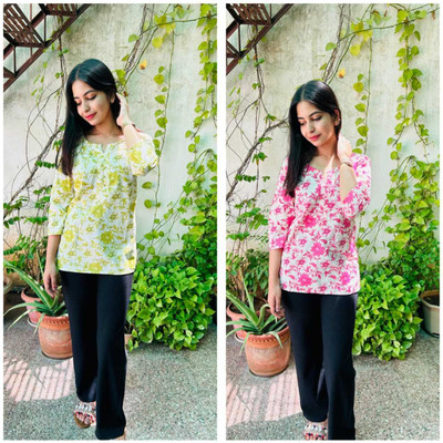 Wearaholic Women Printed Straight Kurta(Yellow, Pink)