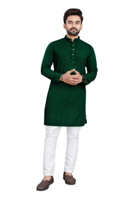 TRUST OUS Men Embroidered Straight Kurta(Dark Green)