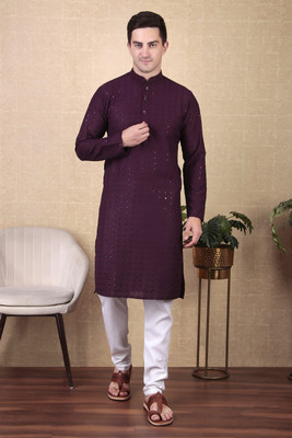 KRIJET Men Embellished Straight Kurta(Purple)