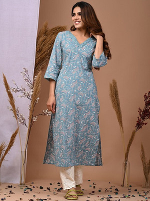 WGC Women Floral Print A-line Kurta(Blue)