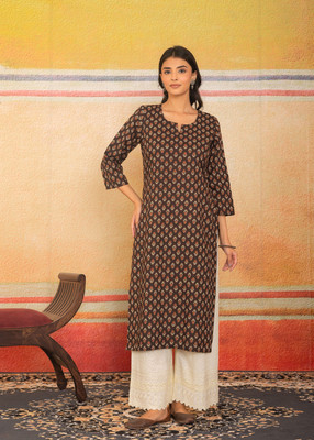 Label Adrija Women Printed A-line Kurta(Brown)