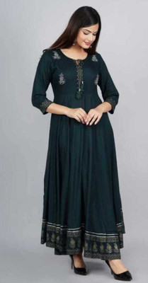 HRTEXTILE Women Embroidered Anarkali Kurta(Dark Green)