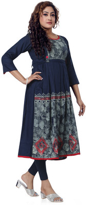 top by Fashion Women Printed Anarkali Kurta(Dark Blue)
