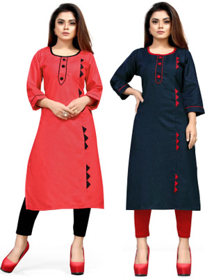 AAI MOGAL Women Solid Straight Kurta(Pink, Blue)
