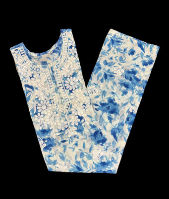 Shah Chikan Women Printed, Chikan Embroidery Straight Kurta(Blue)